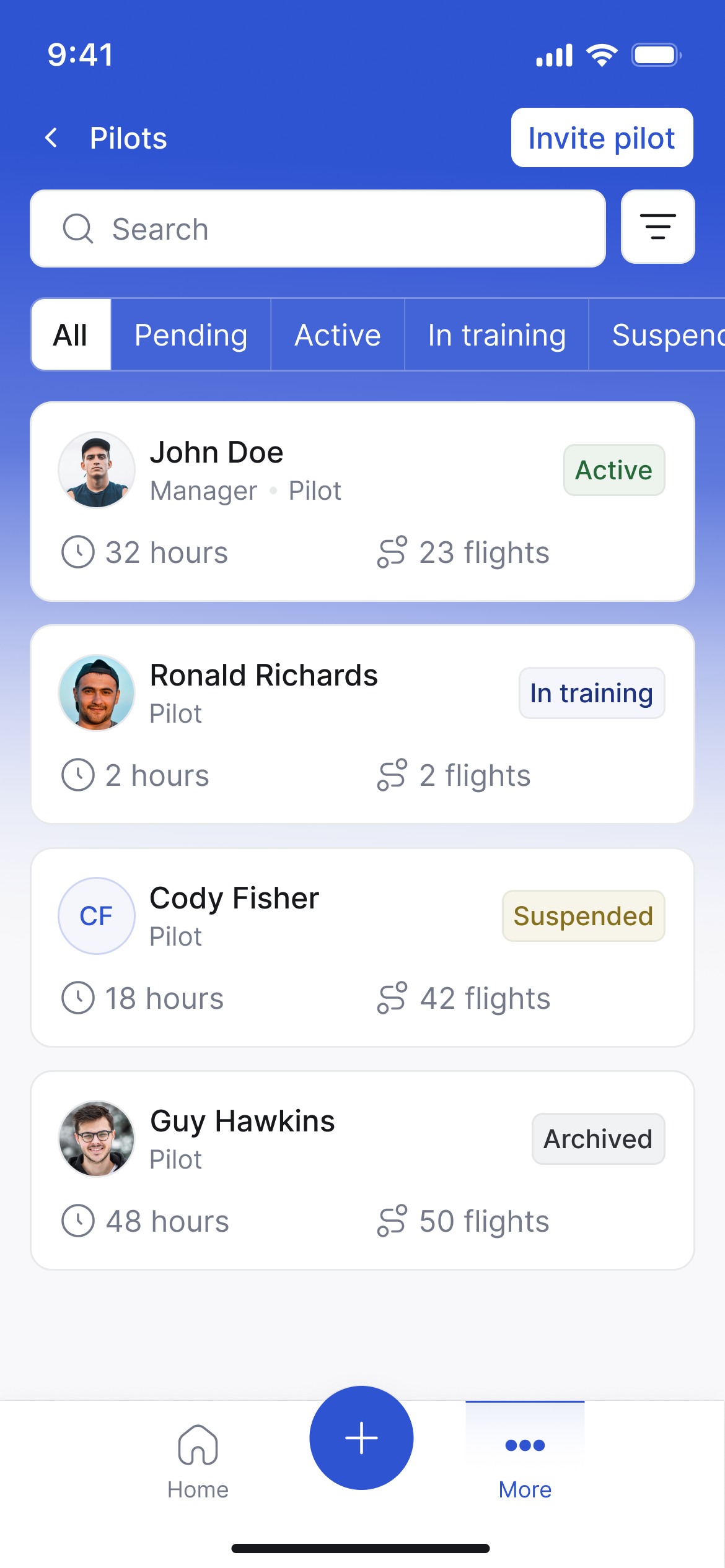 Pilots list with team members, flight activity, and pilot status.