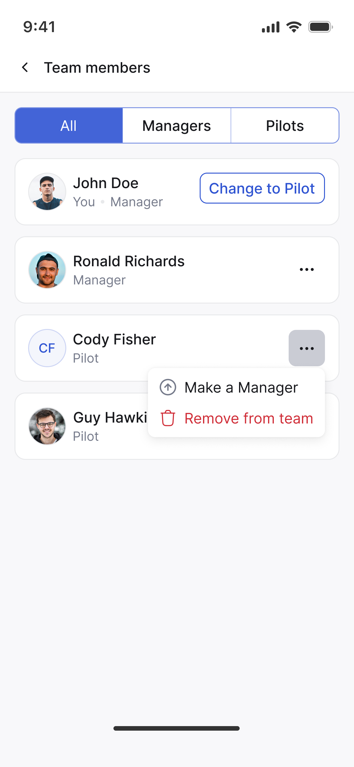 Team members with Manager and Pilot roles and membership controls.