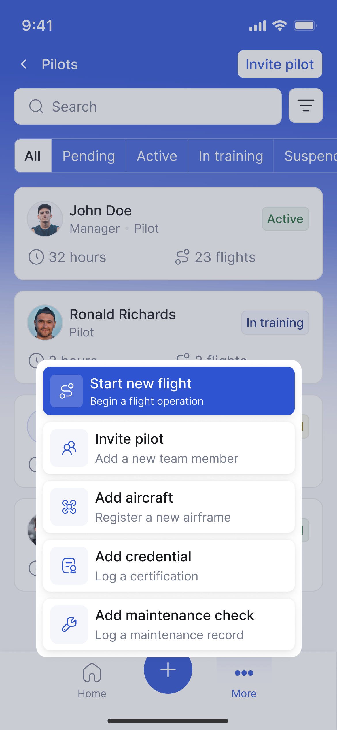 FlightLog Pilots with quick actions to start a flight, invite a pilot, add aircraft, log credentials, and add a maintenance check.