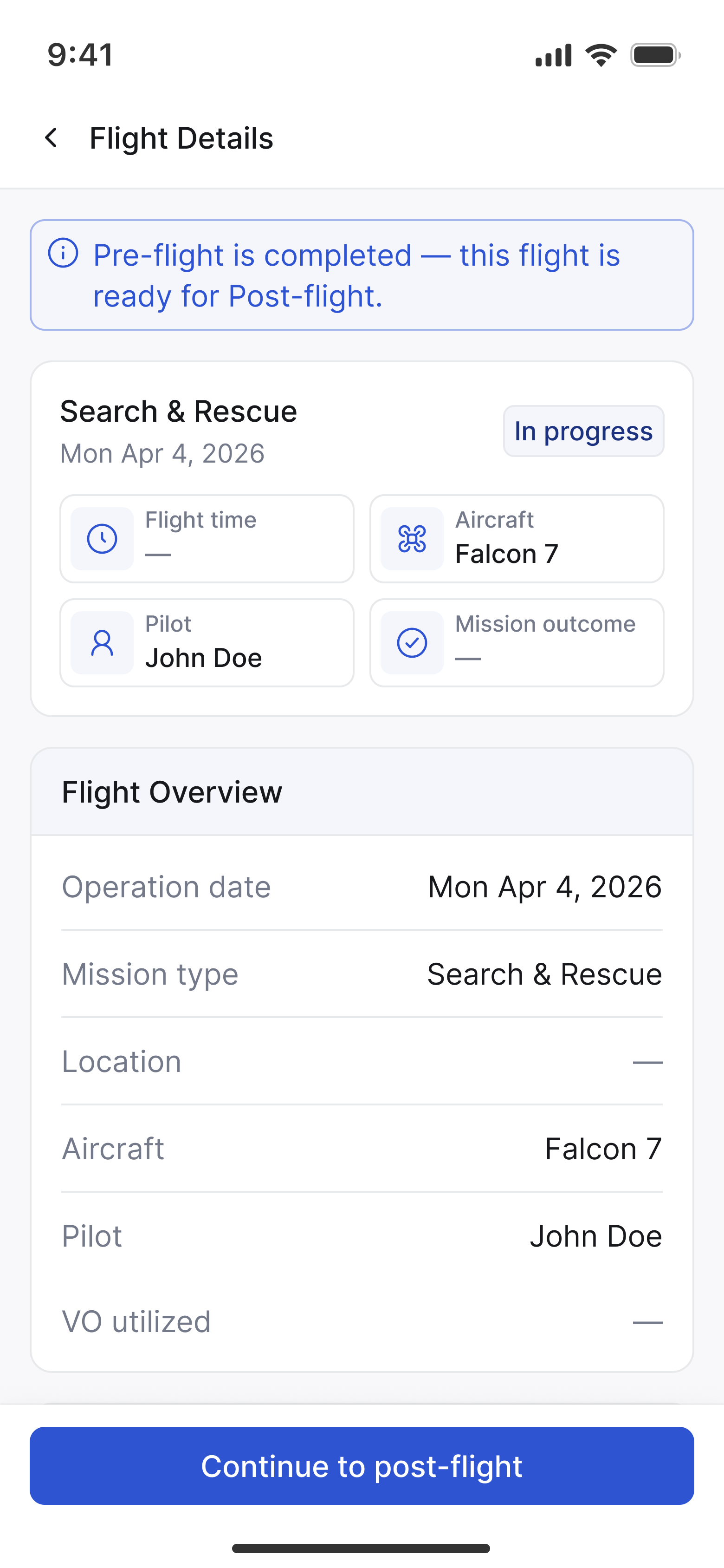 Active flight record with flight overview and Continue to post-flight.