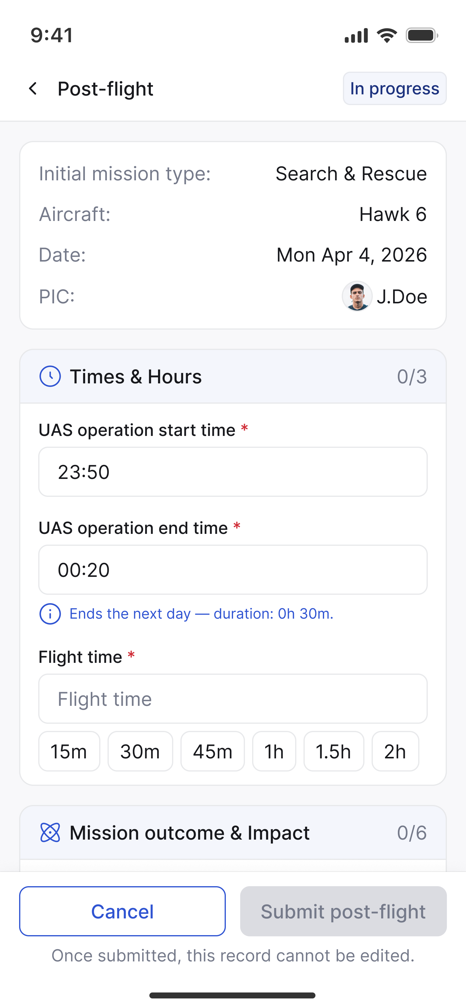 Post-Flight record with flight time and mission outcome.