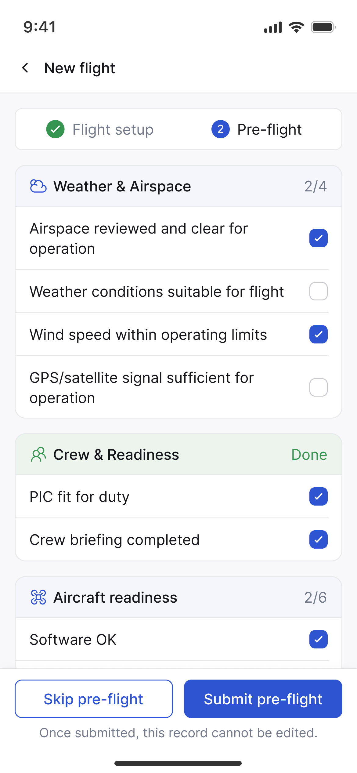 Pre-Flight readiness checklist.